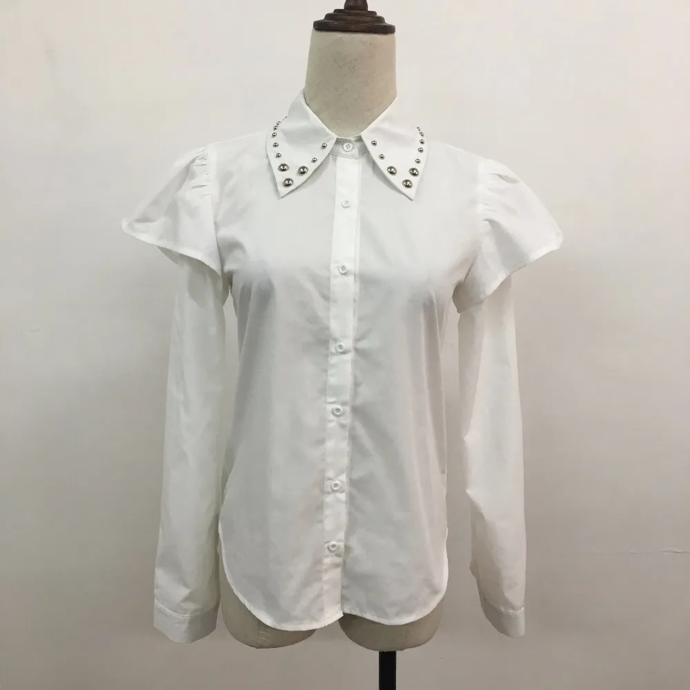Fashion ladies shirt blouse with beads collar for sale long sleeve shirts