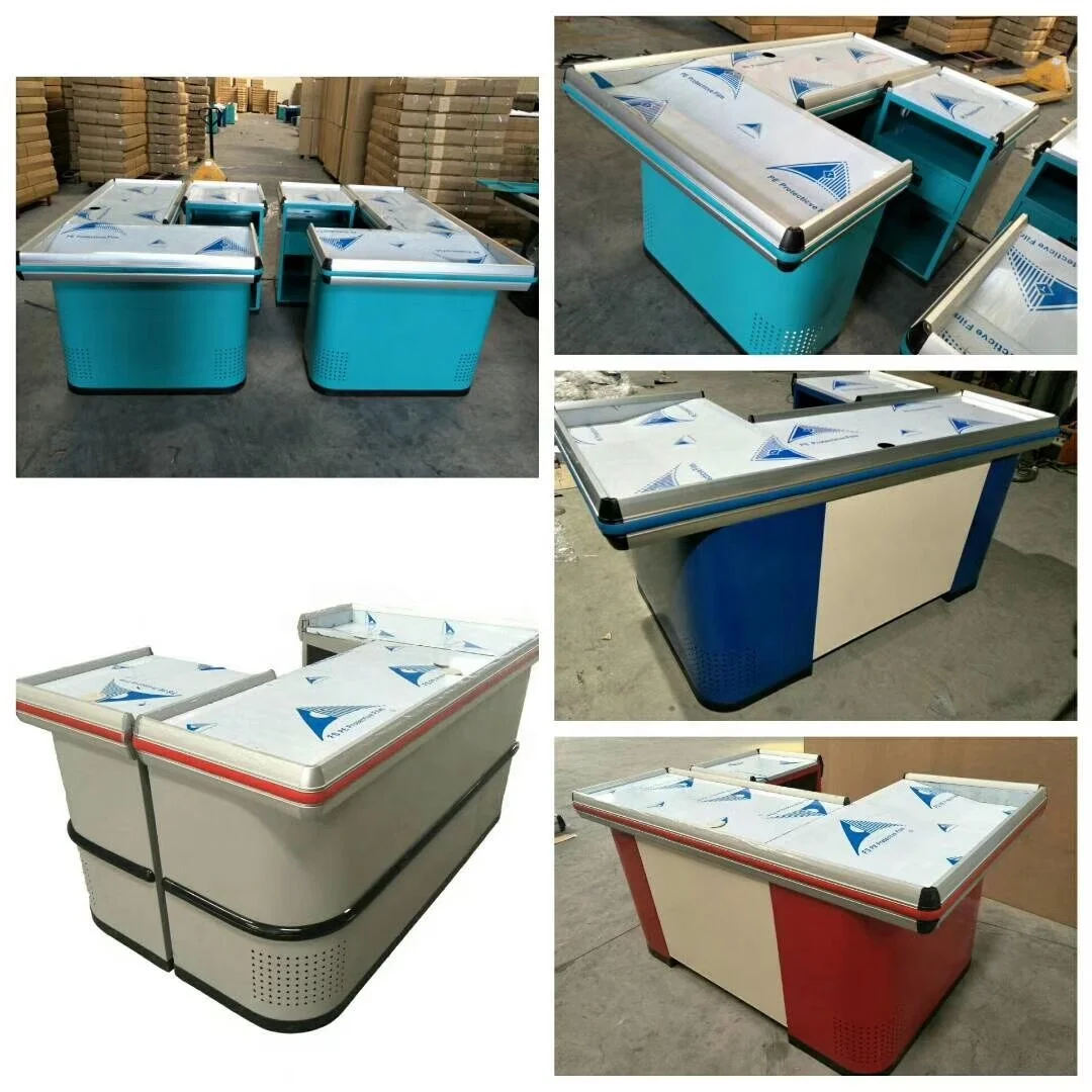 Custom Automatic Checkout Counter/ Supermarket Cashier Desk With Shopping Bag Hook