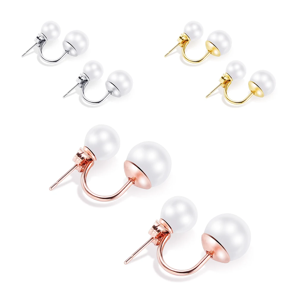 Wholesale Lots For sale Cheap Bulk Jewelry 3 Color Stainless Steel White Pearl Double Sided Earrings