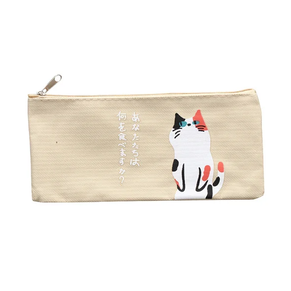 Simple cat creative cartoon canvas pencil bag female student large capacity zipper pencil case pencil case