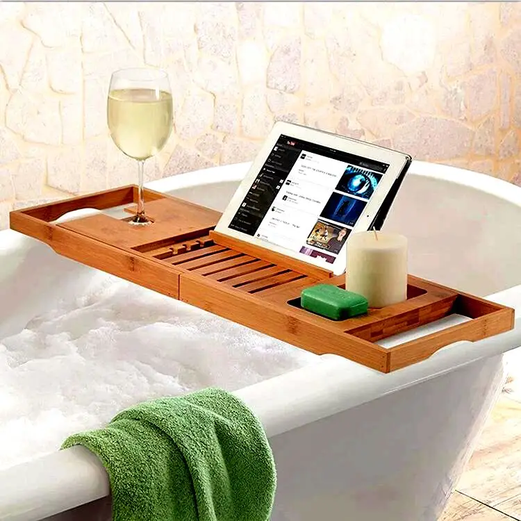 Bamboo Adjustable Bathtub Caddy Tray with Wine Holder, Cup Placement, Soap Dish, and Book Space
