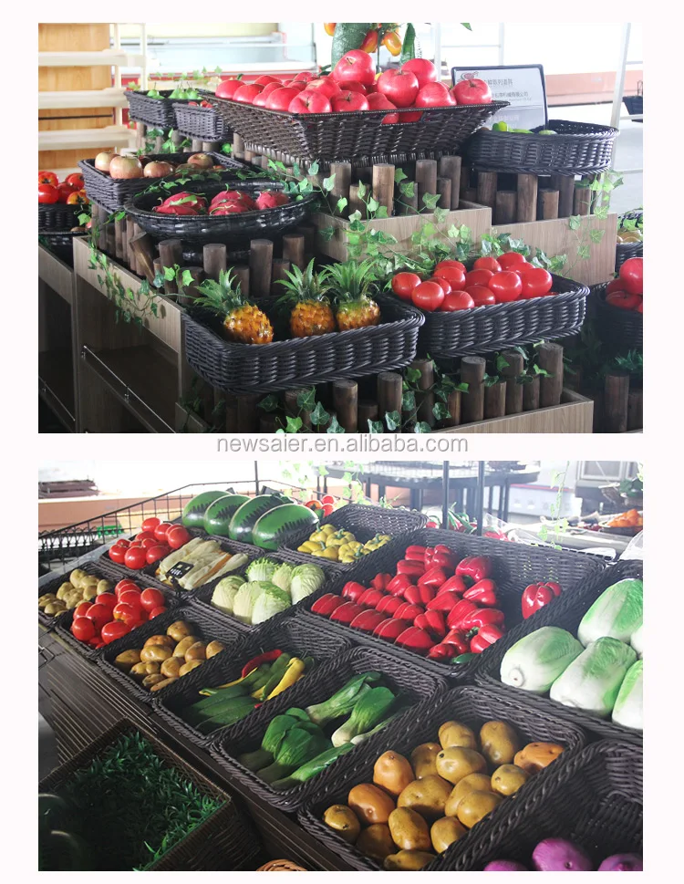 rectangular PP rattan display basket in supermarket