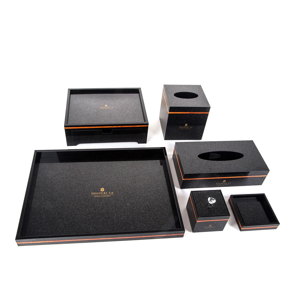 Acrylic hotel amenities set manufacturer , 5 star hotel supply tissue box tray