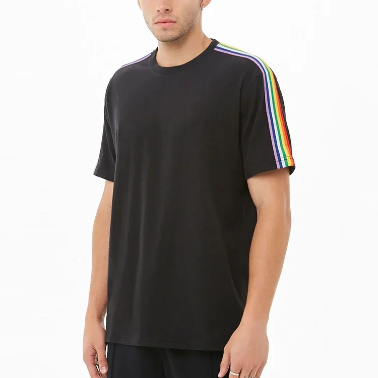 crew neck tshirt 100% cotton wholesale clothing dropped shoulders rainbow stripe trim short sleeve t shirt men