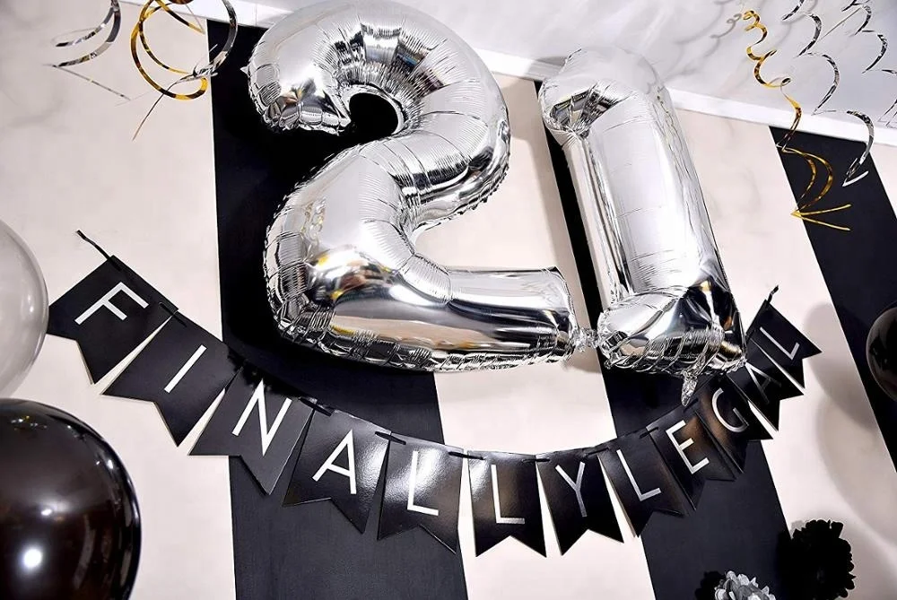 21st Birthday Party Pack Black Silver Happy Birthday Bunting Poms Swirls Pack Birthday Decorations