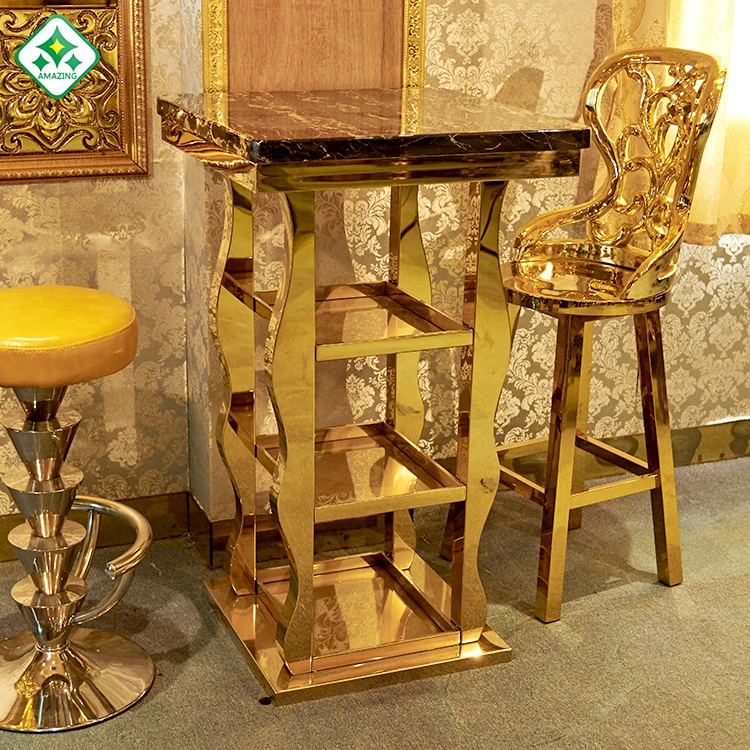 
luxury Stainless Steel Square Marble Bar Table With Metal Base night club furniture 