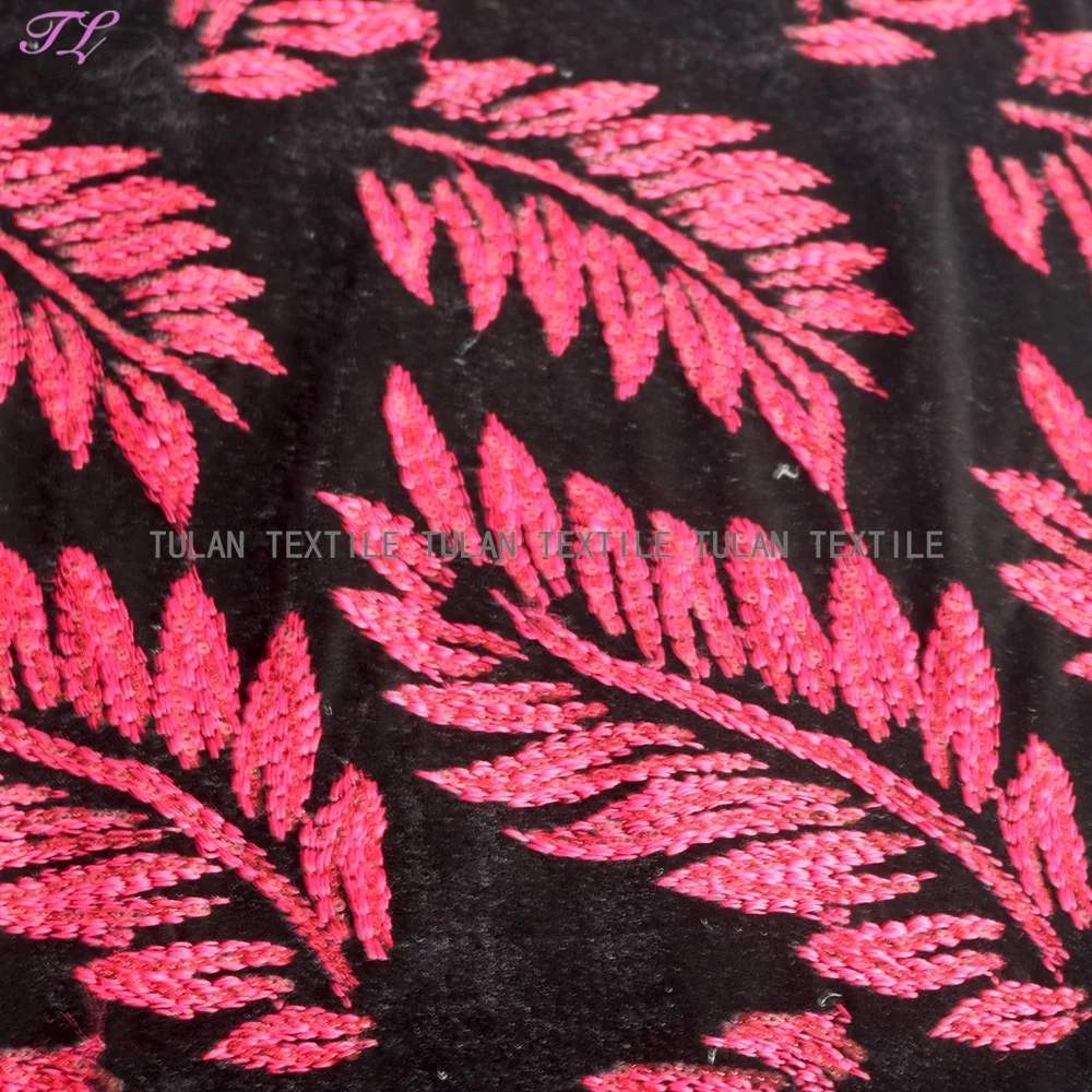 Red leaf sequin embroidery velvet fabric for garment dress and decoration