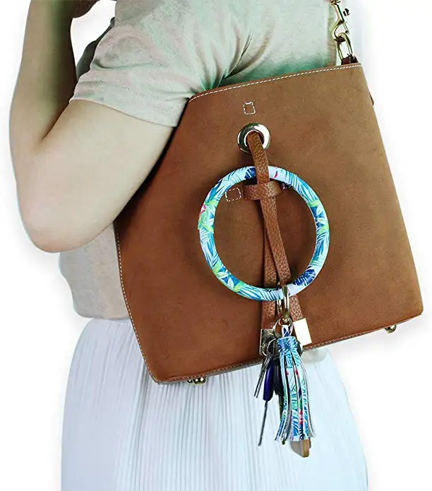 Wristlet Keychain Bracelet,Bangle Keyring - Big O Key Ring Leather Tassel Bracelet Key Chain Holder For Women Girl