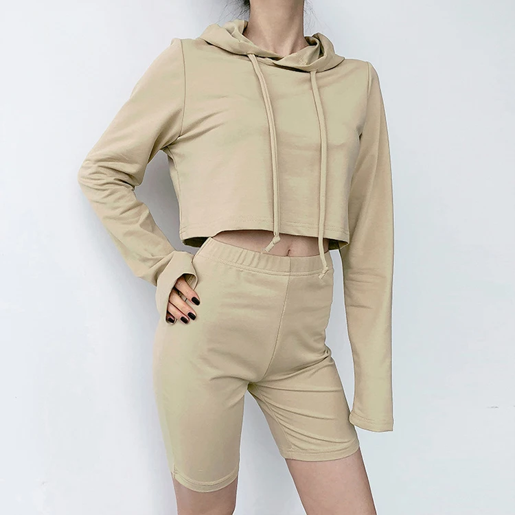 Wholesale Women Sports 2 Pieces Crop Top Hoodie Shorts Set two piece pants set