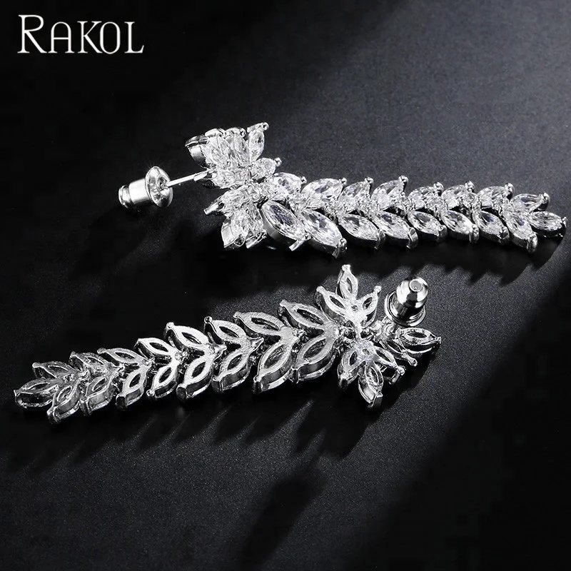 RAKOL EP002 Luxury Snowflake Earring Zircon Wedding Bridal CZ Cubic Zirconia White Gold Drop Wedding Earrings