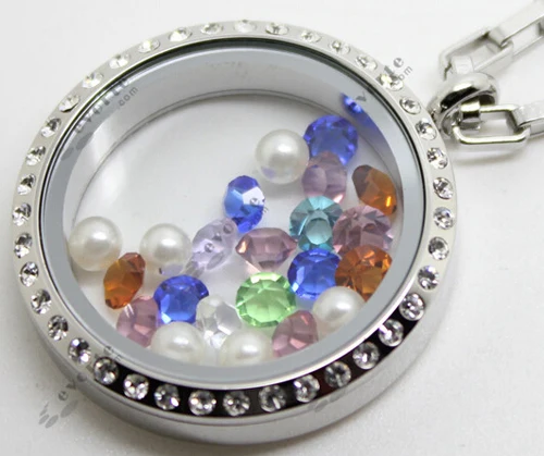 
round stainless steel wholesale floating locket with CZ stone 