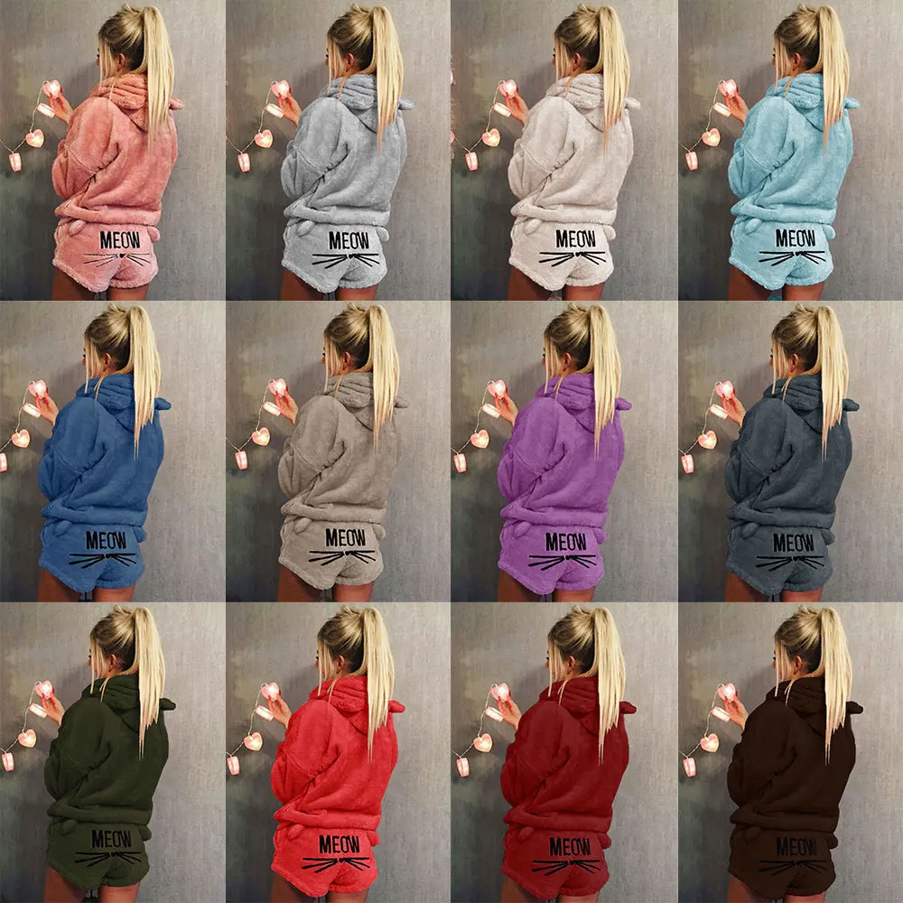 
Fashion Winter warm women cat embroidery casual hooded pajamas set 