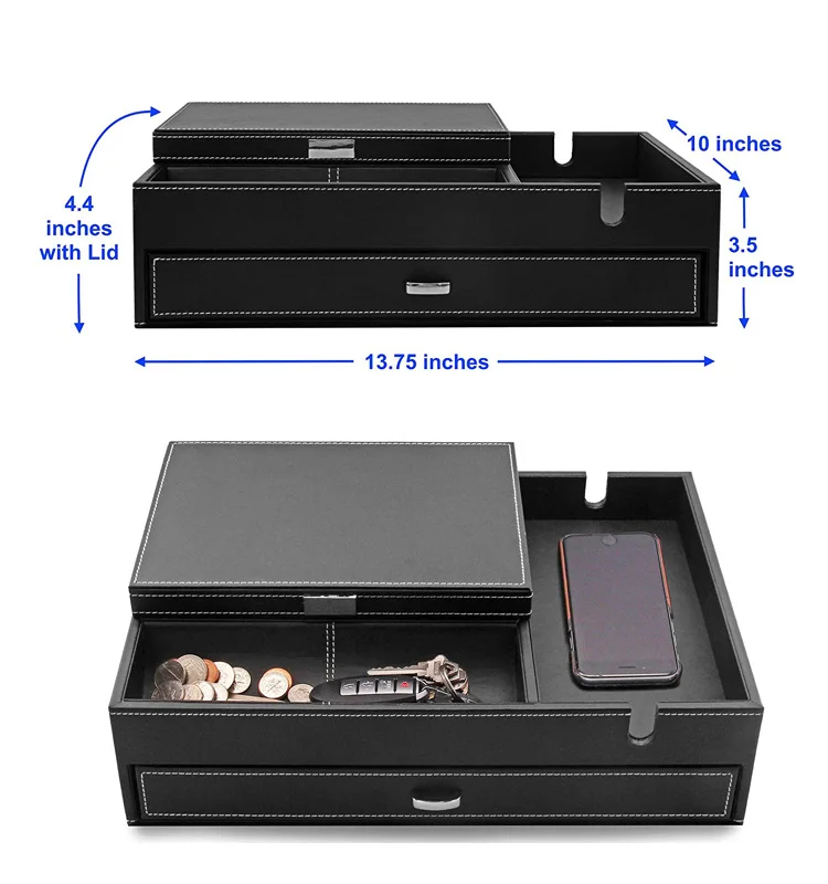 
PU Leather Office Desk Drawer Dresser Valet Tray For Men & Mens Watch Jewellery Organizer with Smartphone Charging Station 