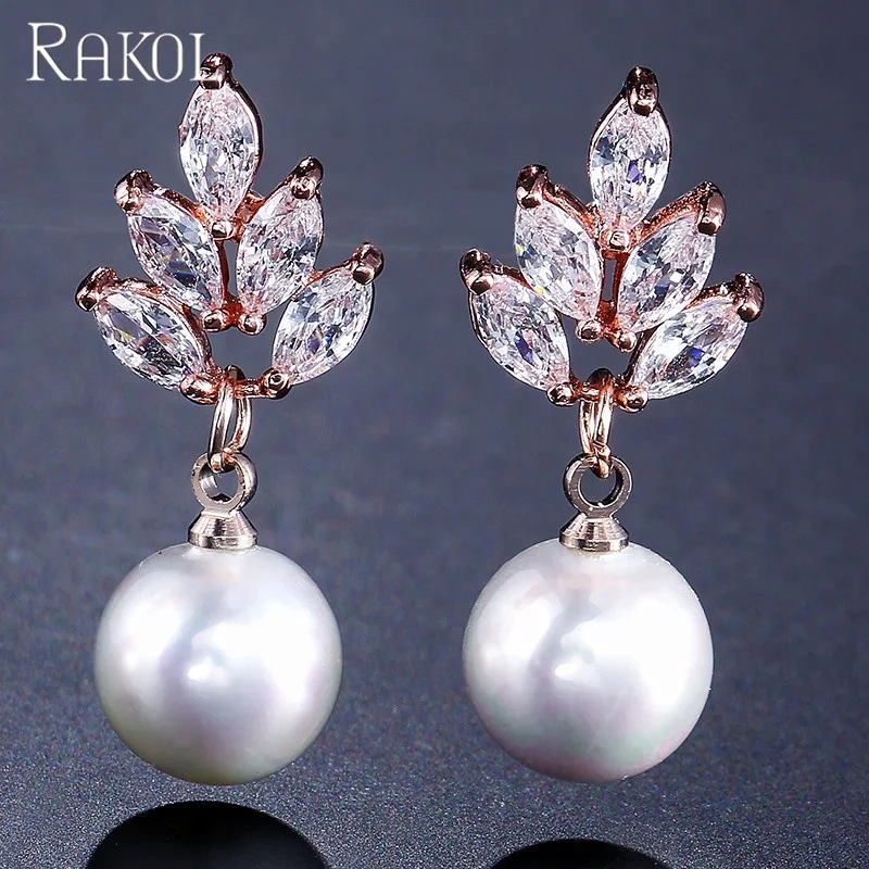 RAKOL EP499 Luxury wedding cubic zirconia bridal zircon crystal CZ big pearl earrings