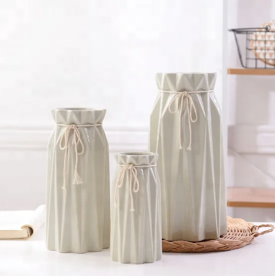 Origami ceramic vase floral four-color pink gray blue green white with twine