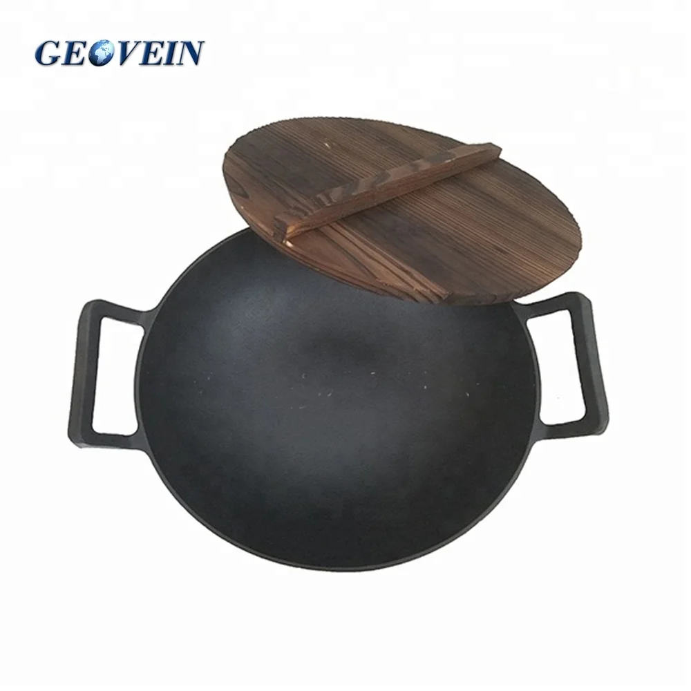 Лидер продаж 2018, чугунная китайская вок 40 см, чугунная посуда, сковорода для вок с крышкой