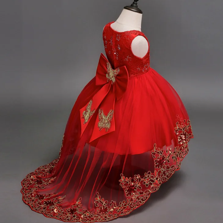 
YY10369G Very beautiful big bow back kids party dress girls red wedding dress with sequin 