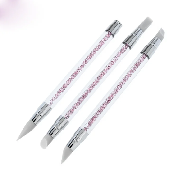 2 Way Rhinestone Crystal Nail Art Brush Pen Silicone Head Carving Emboss Shaping Hollow Sculpture Acrylic Manicure Dotting Tools