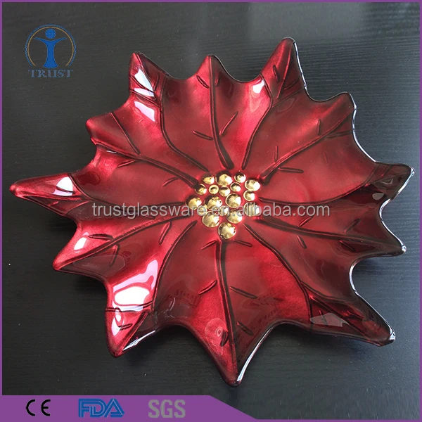 New Fashion Wholesale Decoration High Quality Red Maple Leaf Shaped Glass Plate