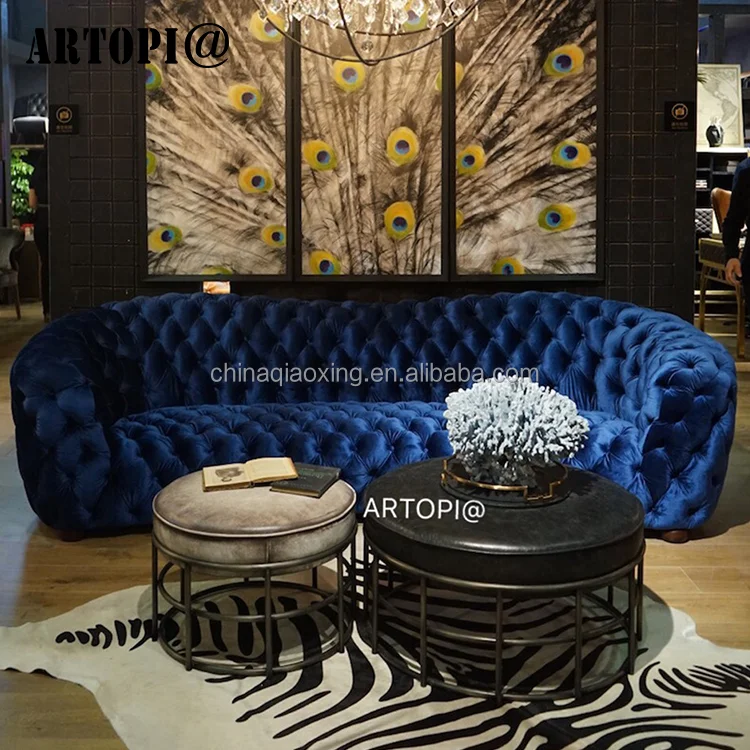 Retro Luxury 4 Seats Sofa Velvet Fabric Button Tufted Sofa For Living Room