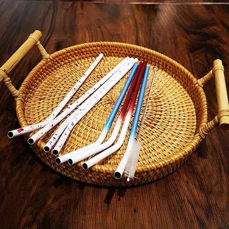 Eco-Friendly Reusable Color Change Food Grade Stainless Steel Metal bent staight Long Drinking Straws set With Cleaning Brushes