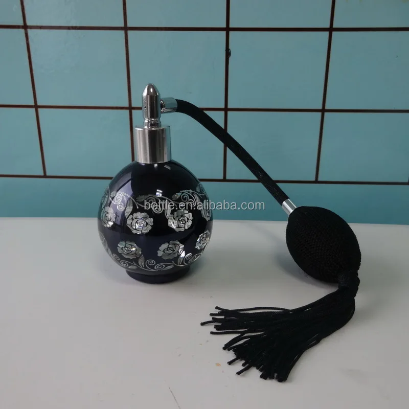 Vintage Style Round Glass Refillable Empty Glass Perfume Bottle Black Bulb W/ Tassel Spray Atomizer 2.5 Oz