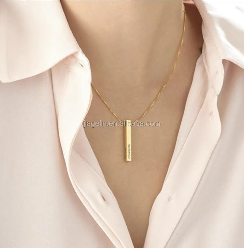 Fashion 925 Sterling Silver Gold Plated Custom Vertical Bar Necklaces with Pendant