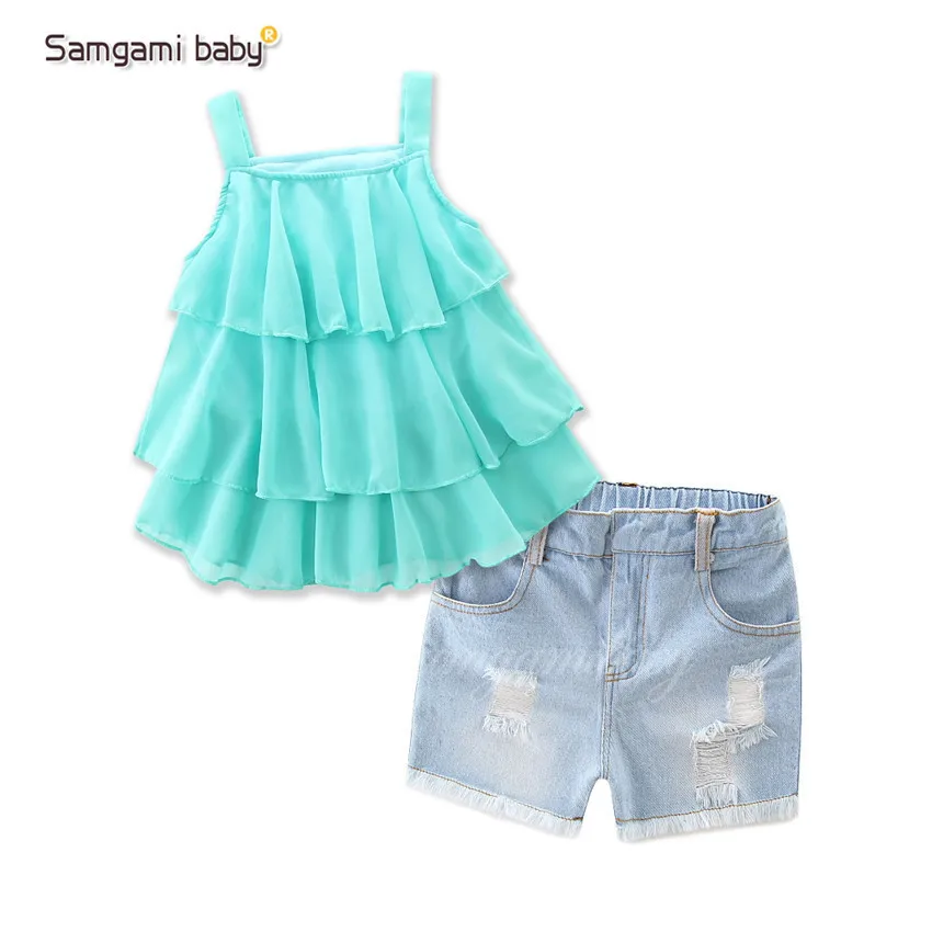 Children wear off shoulder ruffles chiffon blouse and jean shorts 2pcs clothing set