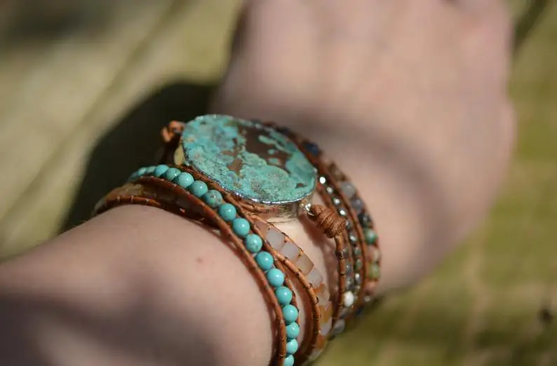 Natural Ocean Jasper Bracelet Geode Slice Gilded Druzy Bracelet Turquoise Beaded Wrap Bracelet