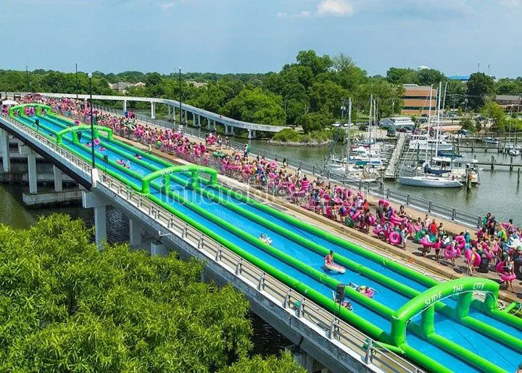 Flat floor city slide Inflatable long water slide with swim ring slip