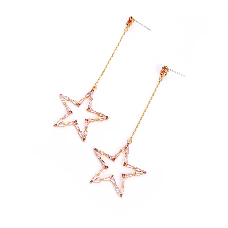 
New Korean Designs Handmade Jewelry long Dangle Brass CZ Star Zircon earrings 