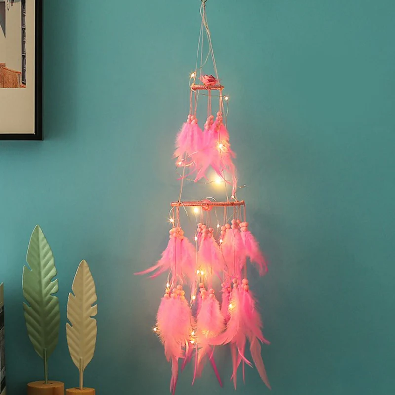 Popular Handmade Dream Catcher With Led Light Wall Hanging Coloful Feathers Indian Dreamcatcher For Christmas Gift