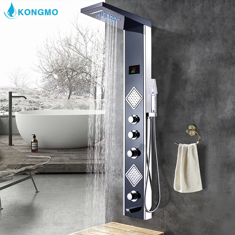 LED Bathroom Shower Panel Multi-Function 304 Stainless Steel Wall Mounted Cold And Hot Water Amazon Hot Sales Matt Black 8006