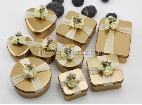 
Color Tin Candy Box Tin Supplier Can for Wedding with Flower Many Size Gold Tinplate Chocolate 4 Colors Silk Printing Customized 