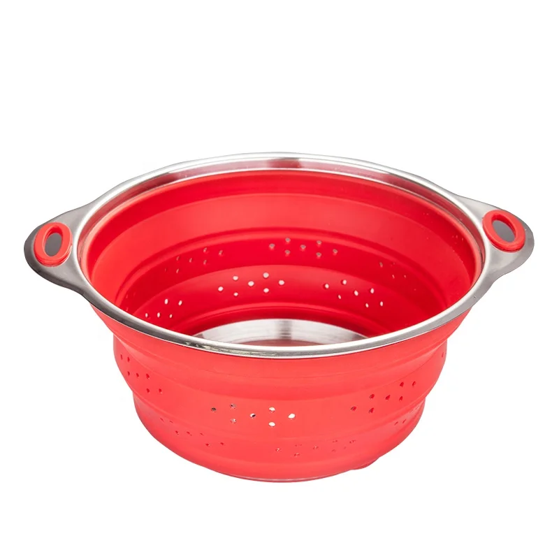 NEW DESIGN foldable silicone stainless steel collapsible colander vegetable kitchen strainer