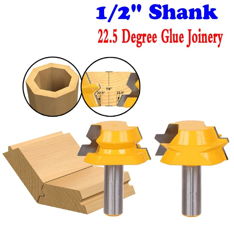 
2pc Lock Miter Router 22.5 Degree Glue Joinery Router Bit Set - 1/2