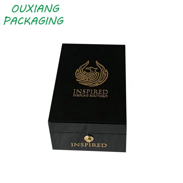 luxury piano black lacquer finish metal sticker logo perfume bottle gift box
