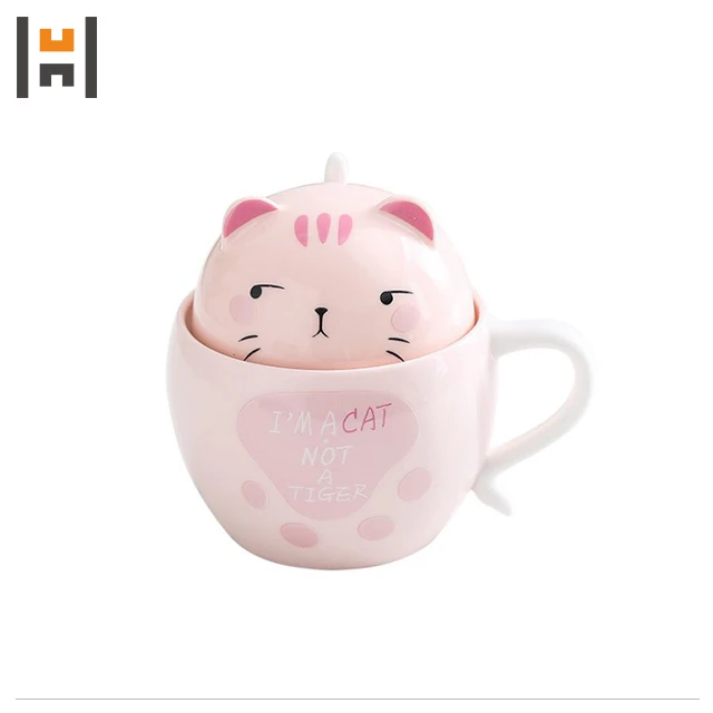 Cute Cat Round Ceramic Animals Tea Coffee Milk Cup with Lid and Spoon