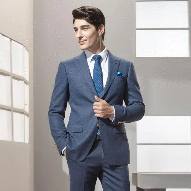 Regular style navy blue business groom wedding suit 100% wool high quality suit.