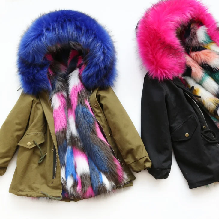 
YY10437G Very beautiful blue fur lined winter coat for children faux fox fur coat 