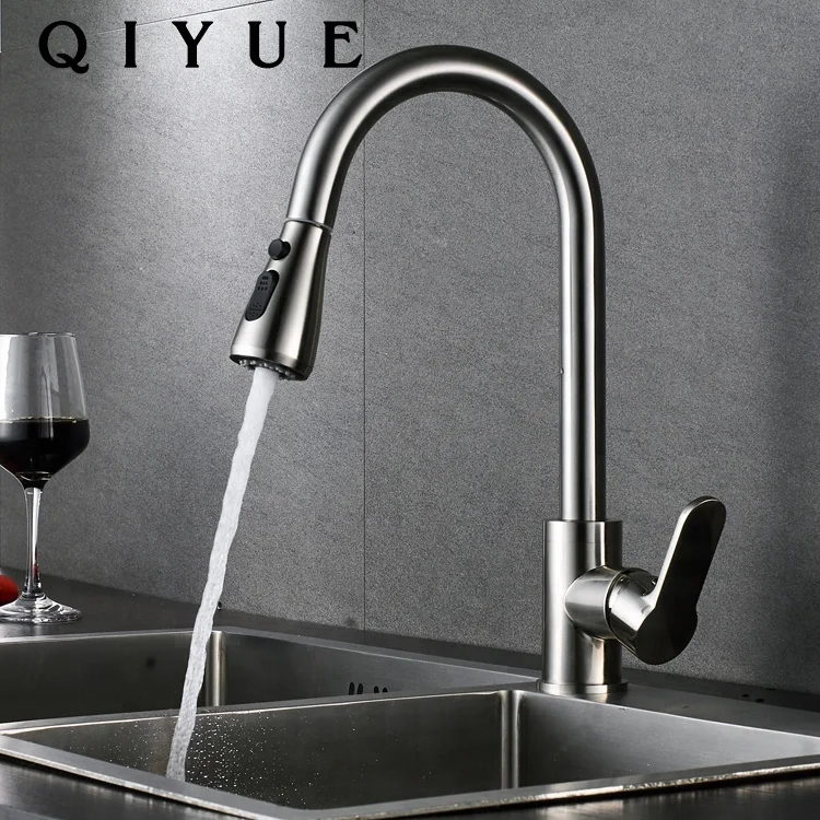Deck mounted single handle brushed nickel finish pull out spout brass kitchen sink faucet taps