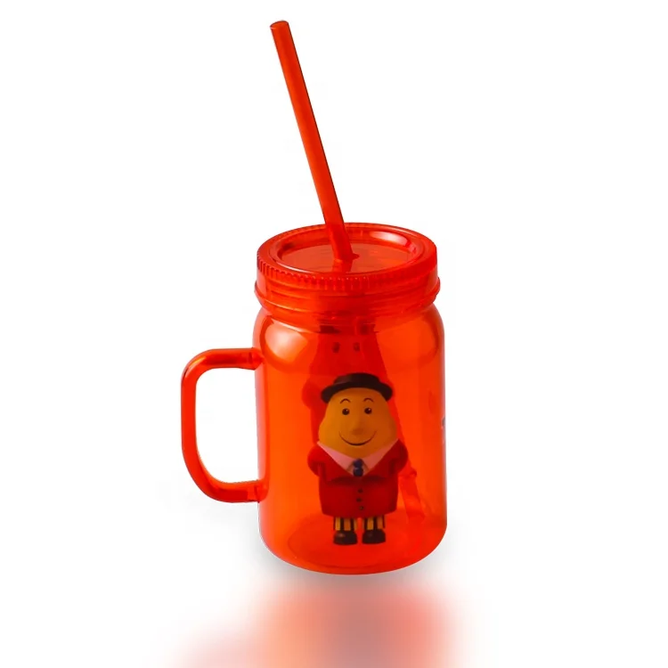 500 ml custom plastic drinking mason jar with handle and straw