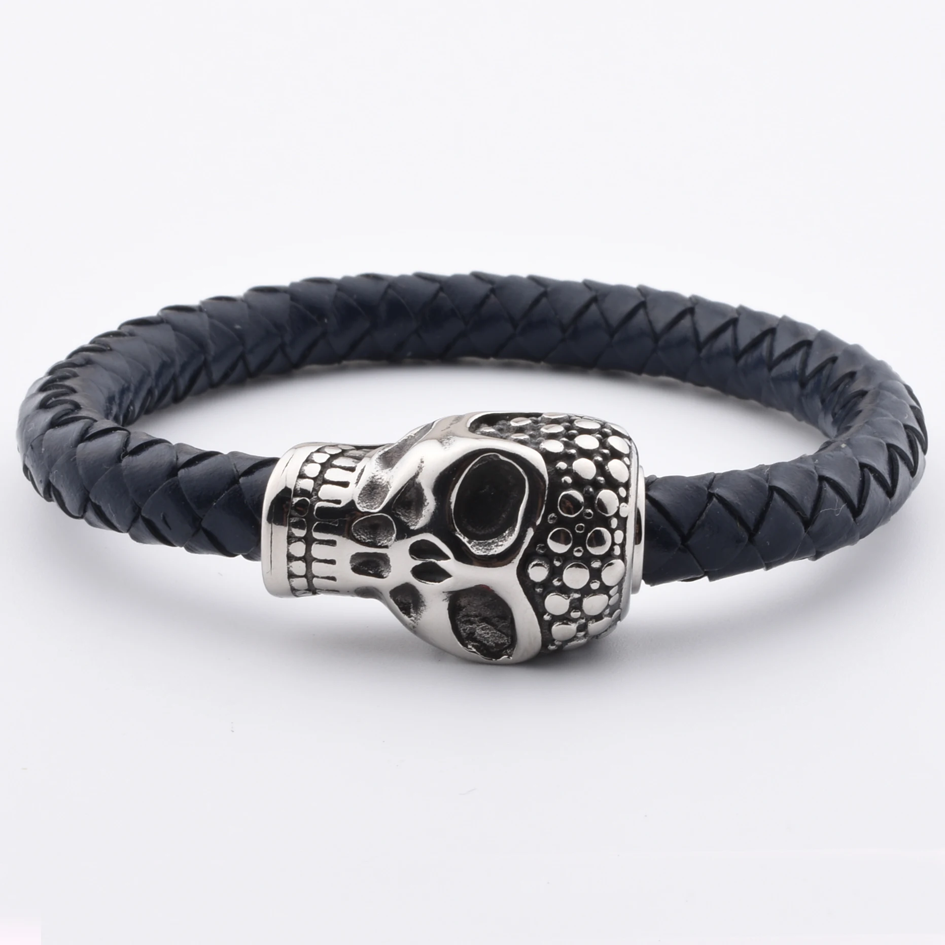 Newest Design Bulk Navy Blue Leather Bracelet Stainless Steel Accessories Multilayer For Men Black Wrap Leather Bracelet