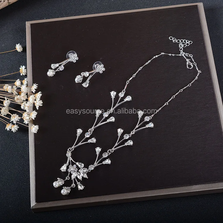 Elegant Flower Diamond Necklace Earring Set Rhinestone Pearl Wedding Jewelry Set