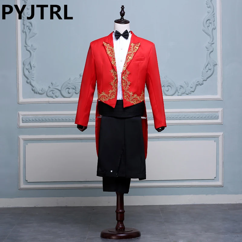 
Black White Red Singer Stage Show Host Ceremonies Tuxedo Classic Wedding Mens Suits With Pants Men Tailcoat 