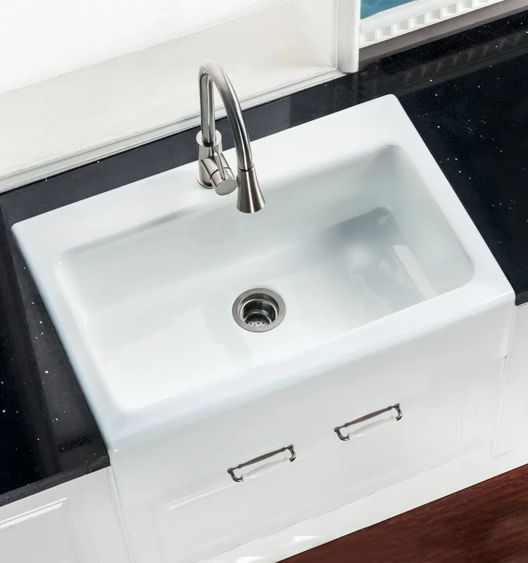 Передняя белая чугунная кухонная раковина с верхним креплением