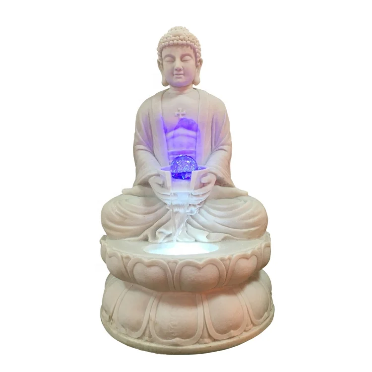 Sandstone Indoor Buddha Statue Water Fountains with Colorful Crystal Ball Light