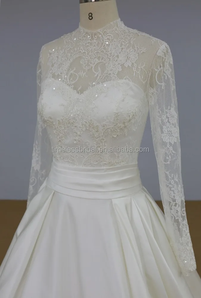 Newest design 2018 wedding dress beaded lace corset long sleeves high neck bridal gown