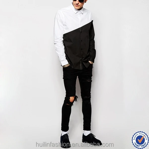 Factory directly supply half black half white mens casual shirt high quality long sleeve diagonal cut t-shirt for men