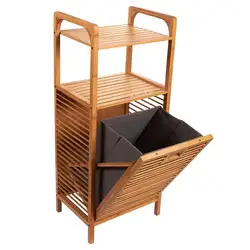 Bamboo Shelf with Tilt-Out Hamper Basket Clothes Hampers for Laundry Perfect for Bathrooms and Spas, Brown 15.8 x 37.5 x 11.8 In